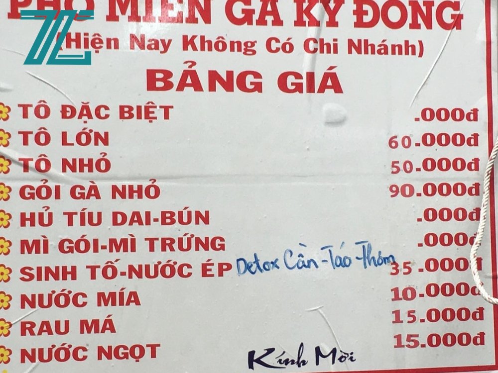 Menu quán phở miến gà Kỳ Đồng